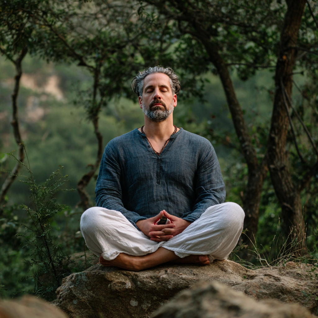 Experienced yoga practitioner in peaceful meditation pose in natural setting
