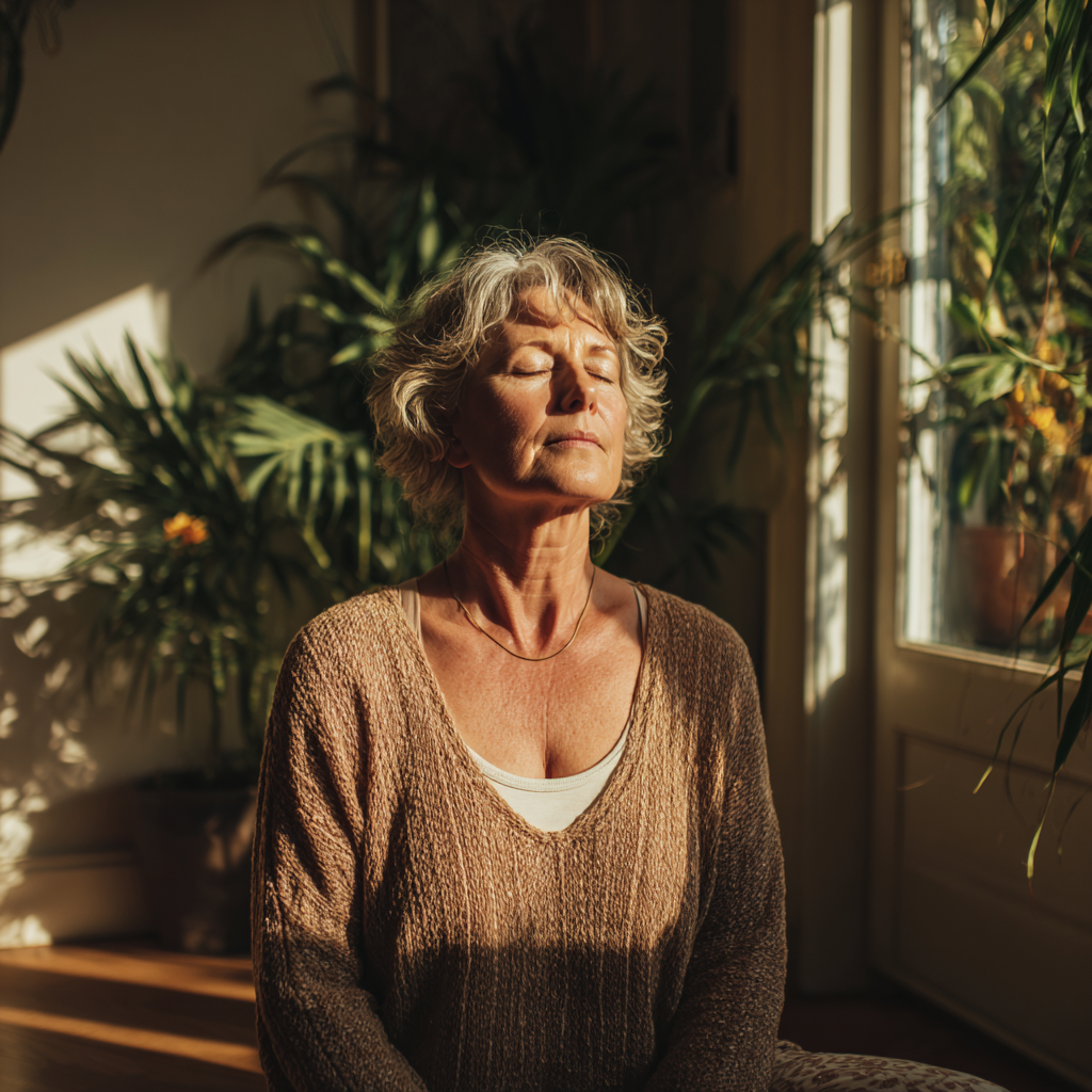 Mature woman practicing gentle yoga in serene home environment